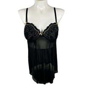 Skweez Couture By Jill Zarin Black Sheer Babydoll Lingerie With Embroidered Cups